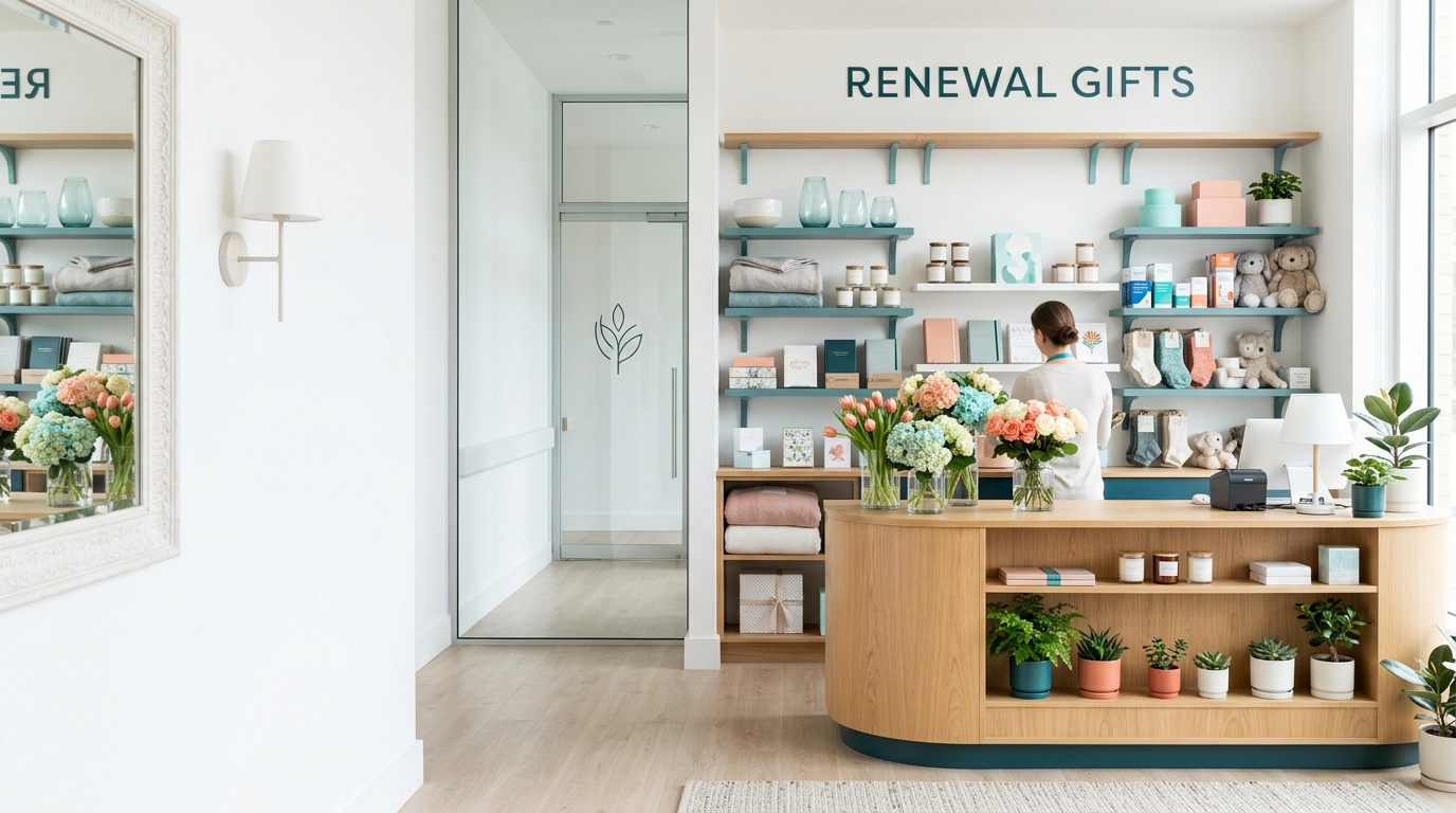 A bright hospital gift shop with flowers and thoughtful gifts